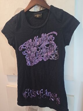 Christian Audigier Black Womens Fitted Tee with Purple Foil Label - XS